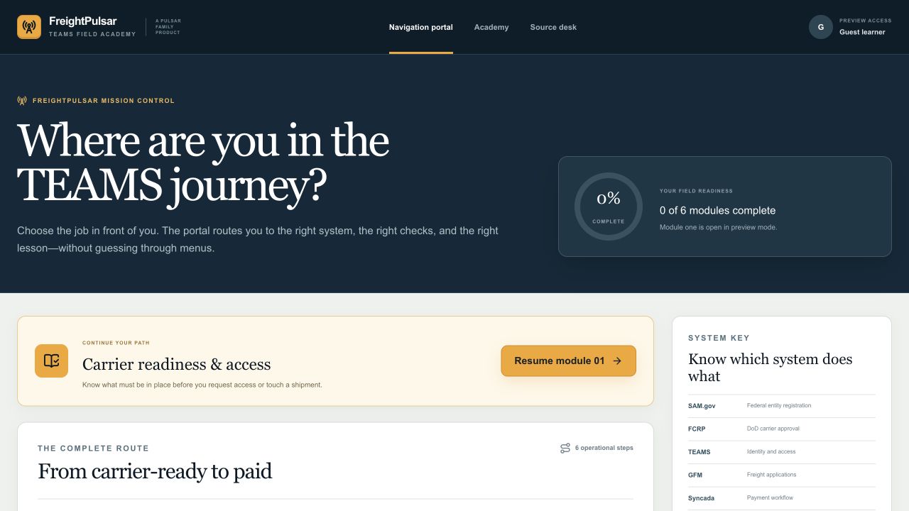 Actual FreightPulsar screenshot: Your course navigation portal